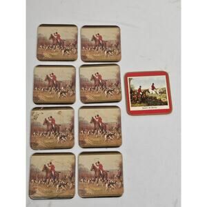 Vintage Wood Cork Fox Hunt Coaster Set Of 8 +1 - 4" Square Equestrian Set